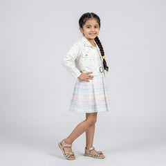 Girls Pastel Stripe Fit & Flare Dress with Polka Dot Jacket – Stylish Casual Party Wear Dress for Kids