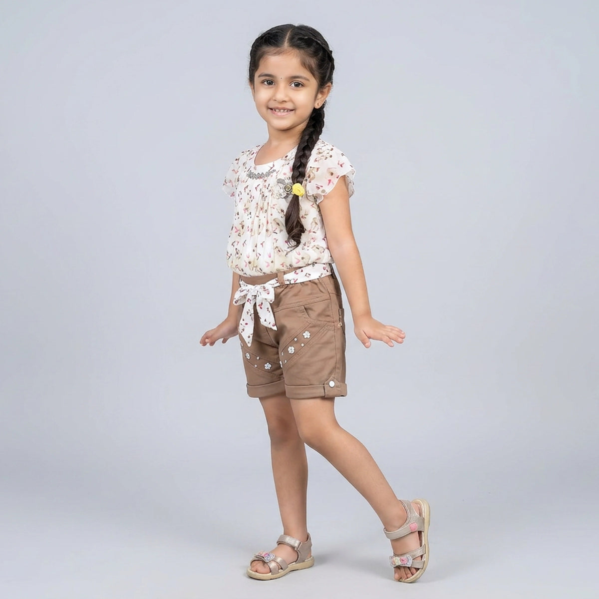 Girls Ivory Floral Print Chiffon Top with Camel Embellished Shorts Set