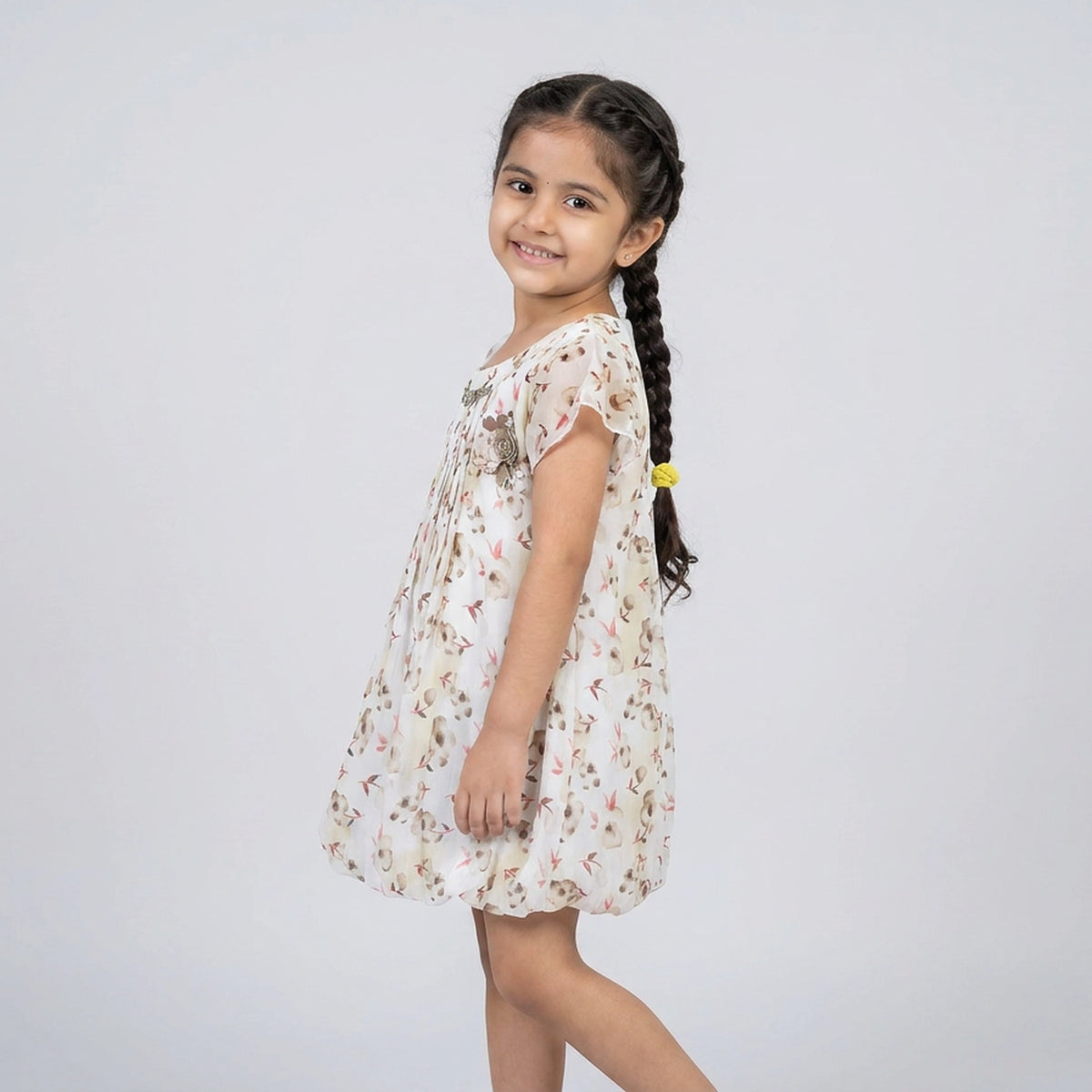 Girls Ivory Floral Print Chiffon Top with Camel Embellished Shorts Set