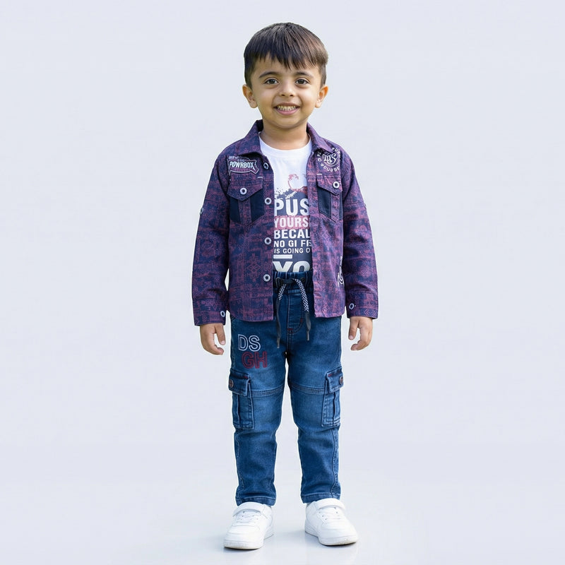 Young boy smiling in a printed casual jacket shirt over a graphic T-shirt, blue cargo jeans, and white sneakers, shown in two color variants against a plain light background.