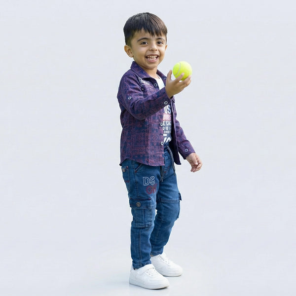 Boys Printed Casual Jacket Shirt with Graphic T-Shirt, Blue Cargo Jeans and White Sneakers