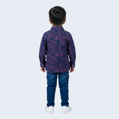 Boys Printed Casual Jacket Shirt with Graphic T-Shirt, Blue Cargo Jeans and White Sneakers