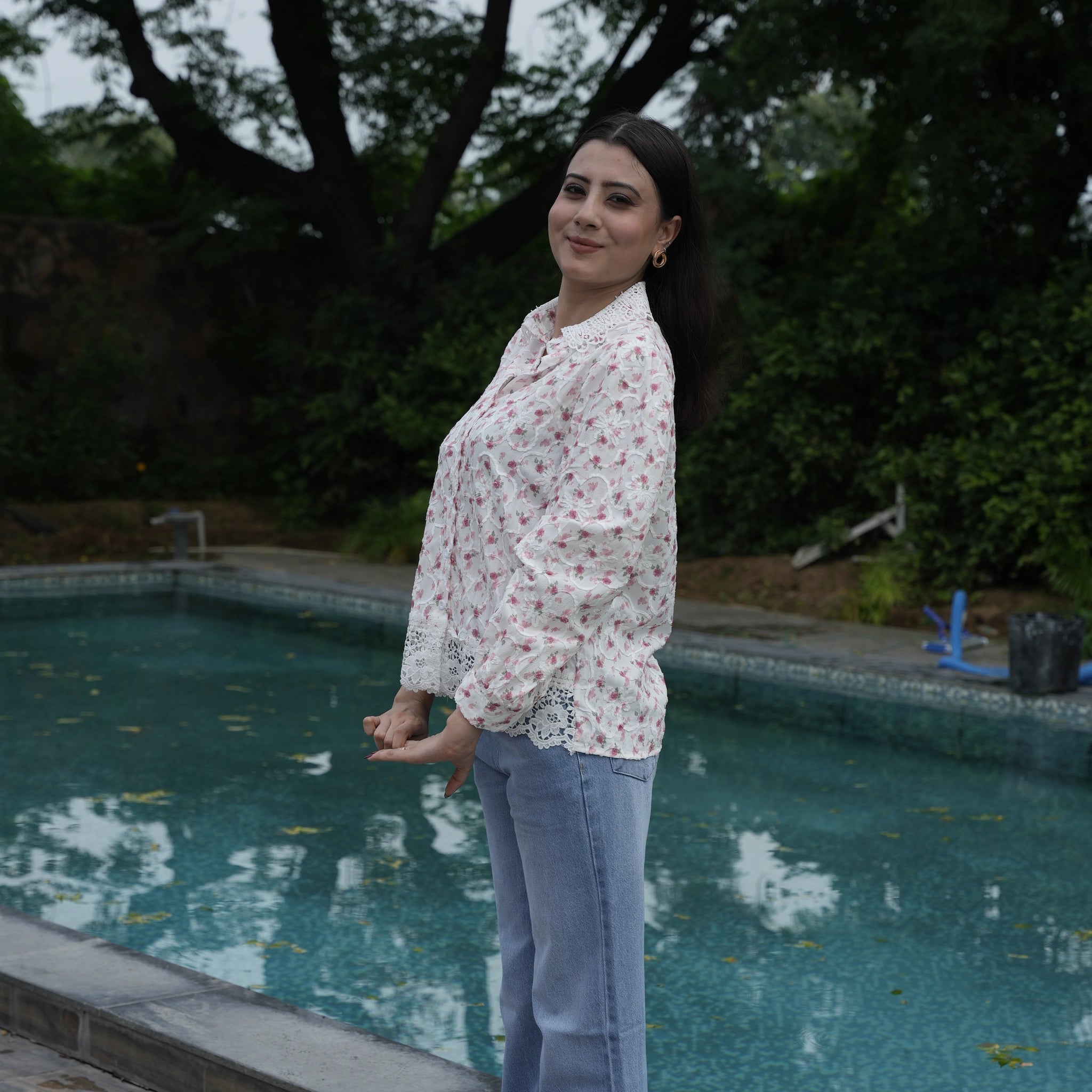 Women's White Floral Embroidered Lace Shirt