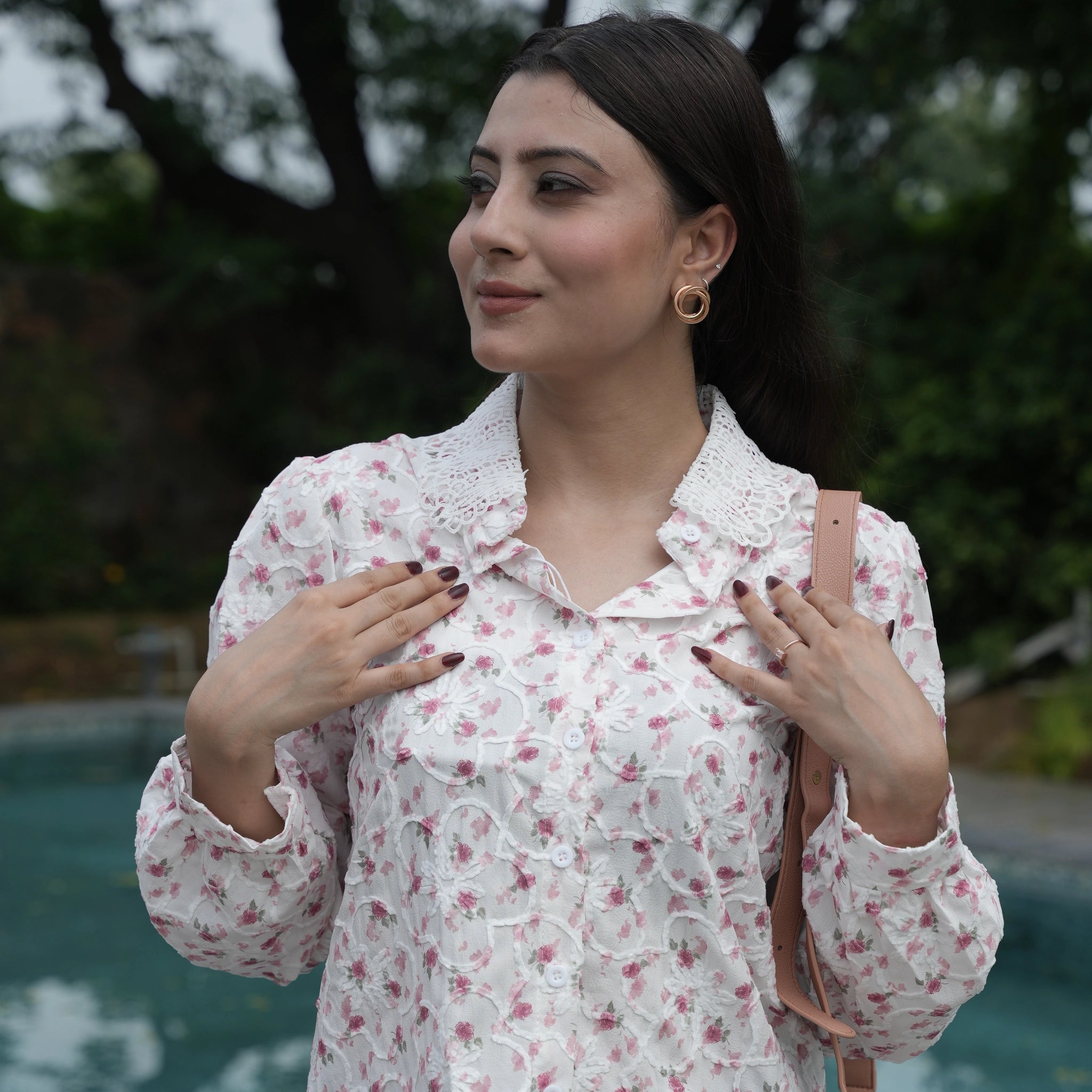 Women's White Floral Embroidered Lace Shirt
