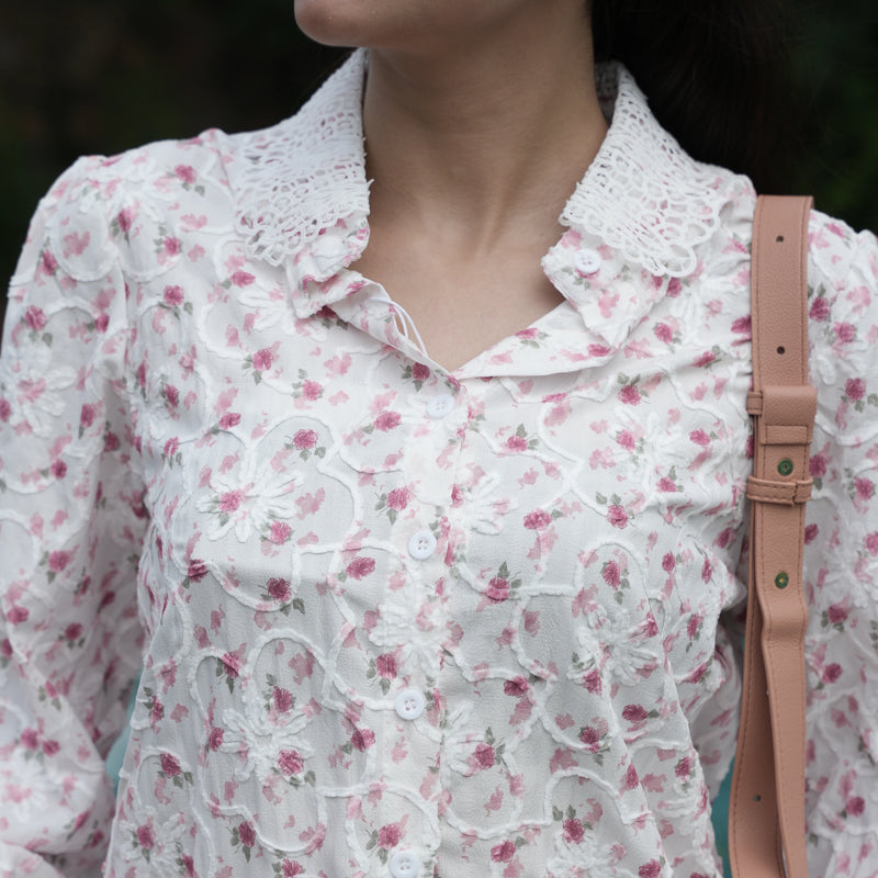 Women's White Floral Embroidered Lace Shirt
