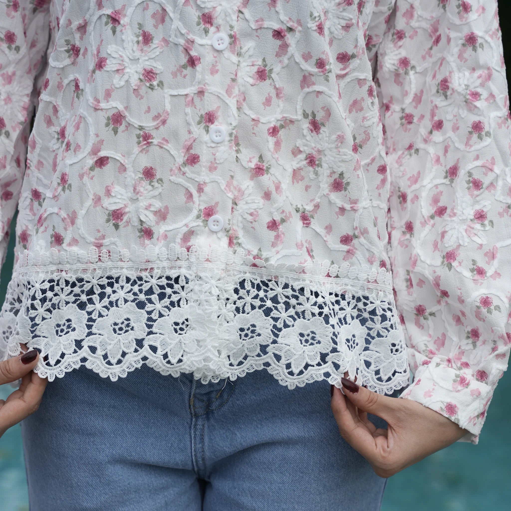 Women's White Floral Embroidered Lace Shirt