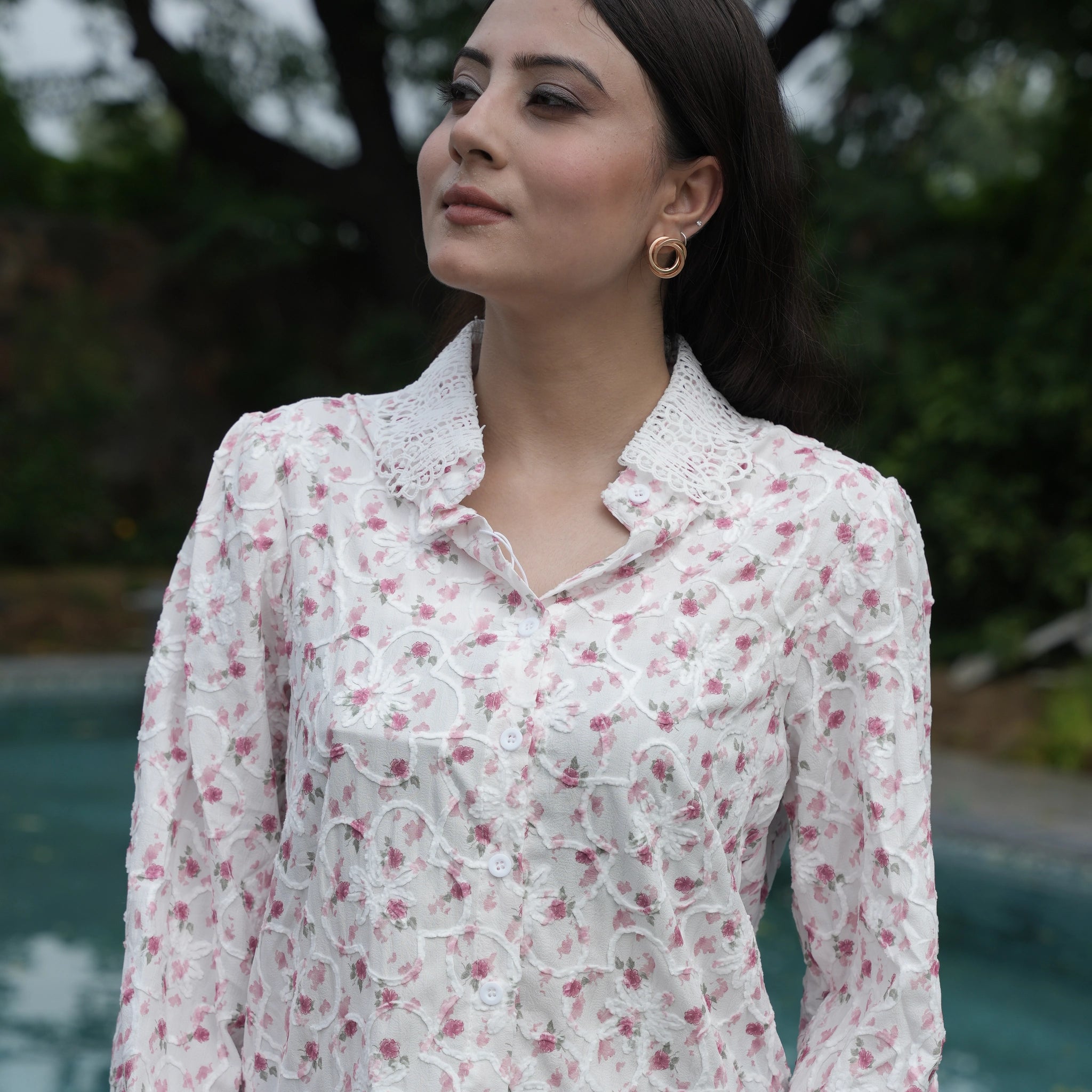 Women's White Floral Embroidered Lace Shirt