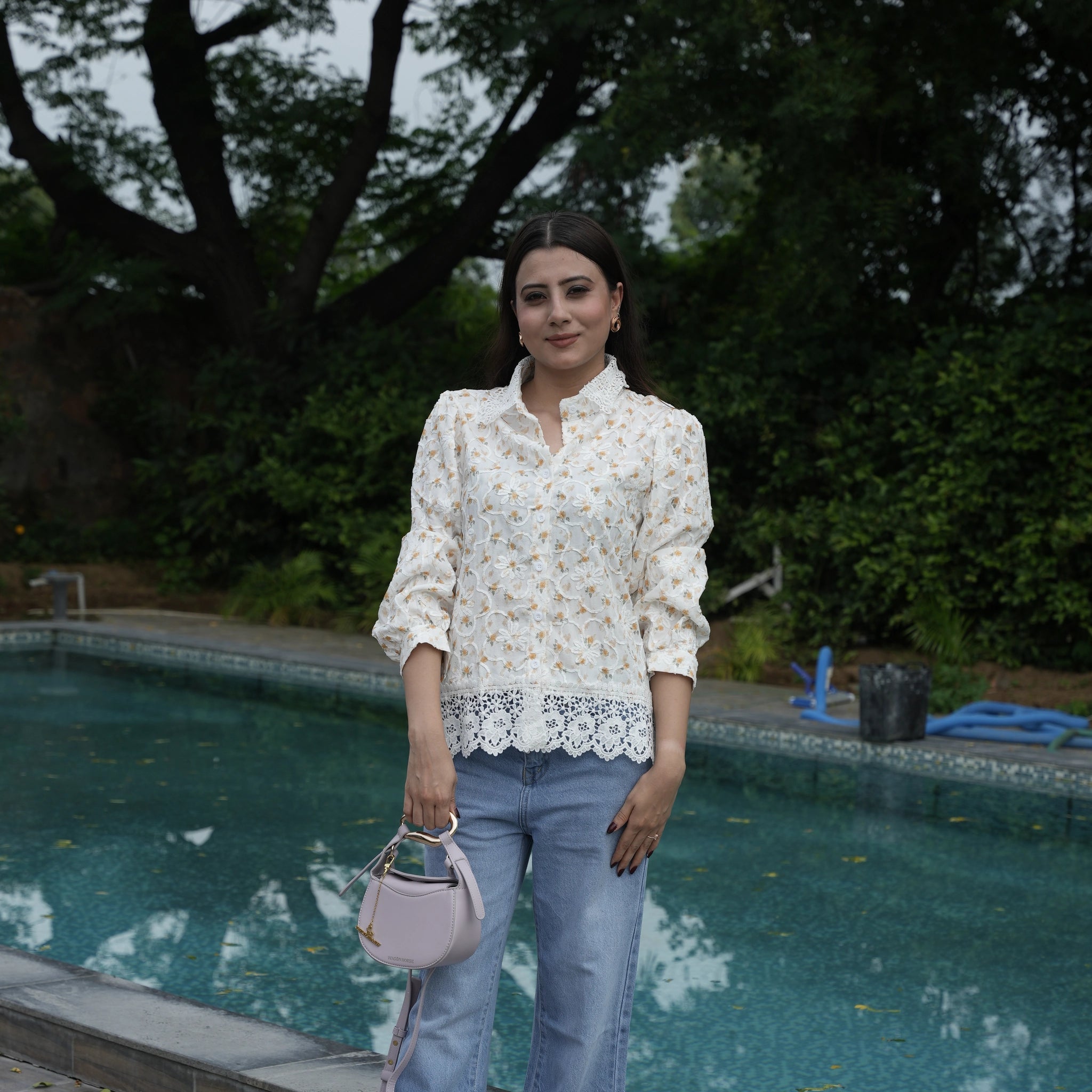 Women's White Floral Embroidered Lace Shirt