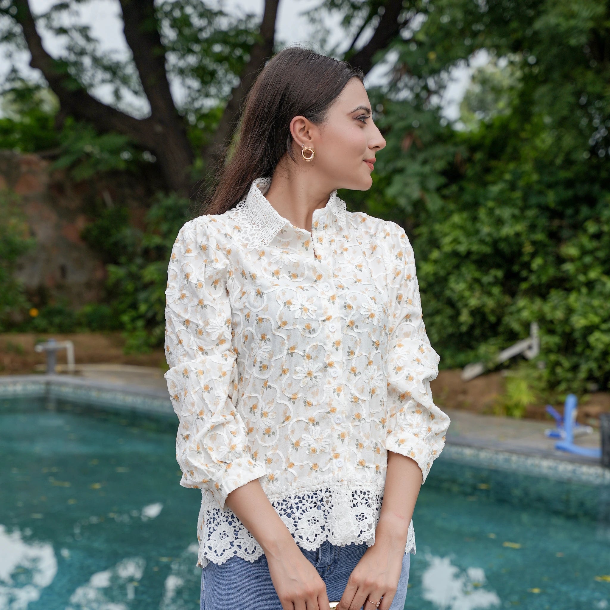 Women's White Floral Embroidered Lace Shirt