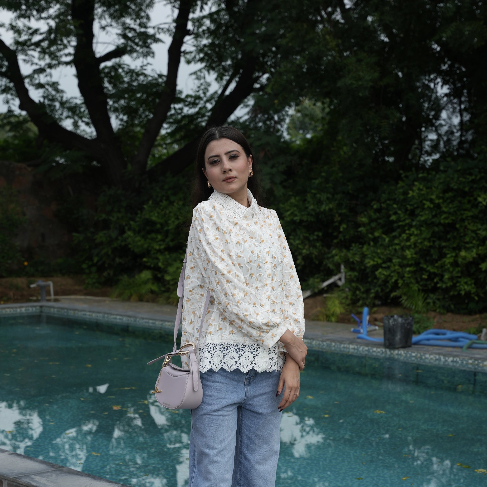 Women's White Floral Embroidered Lace Shirt
