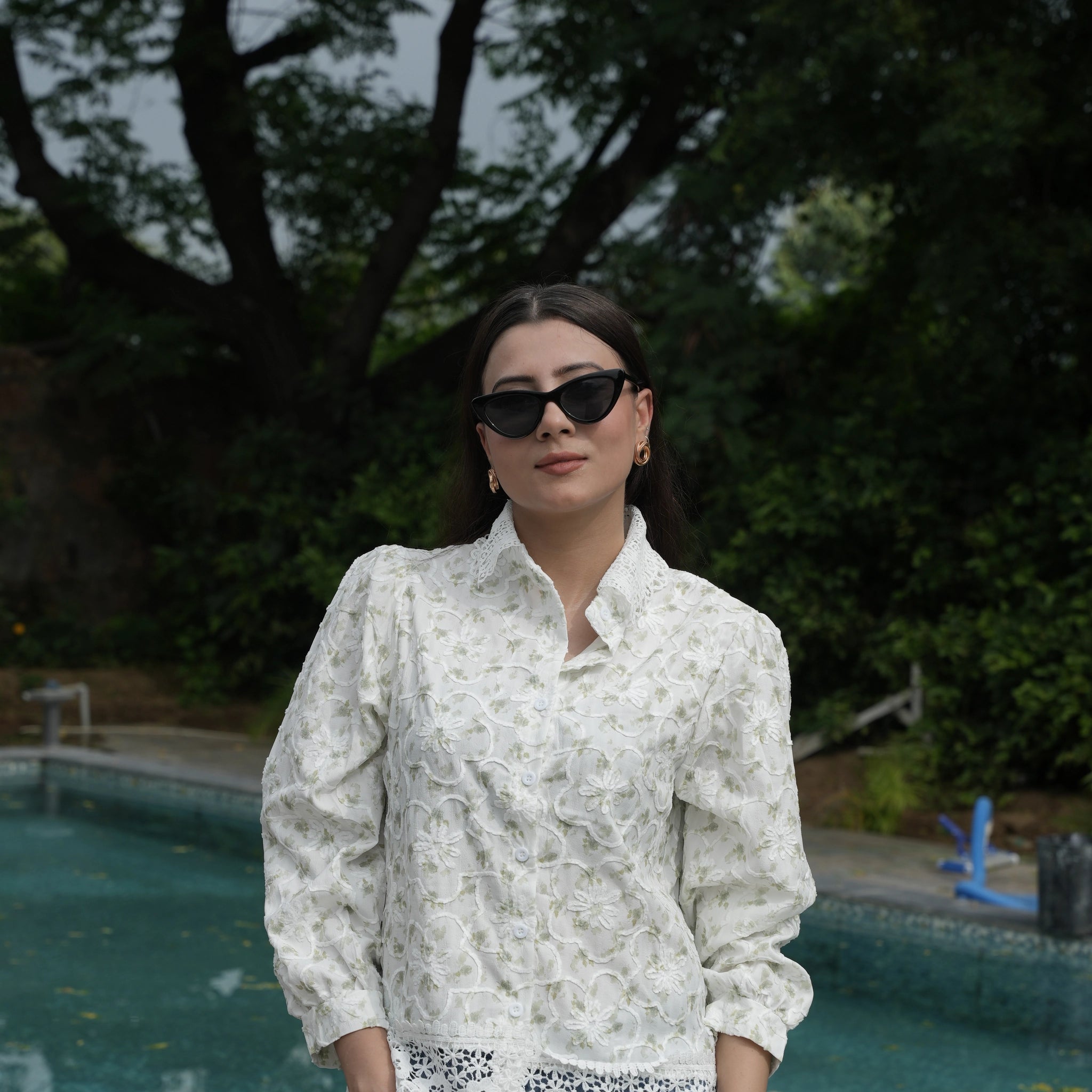 Women's White Floral Embroidered Lace Shirt