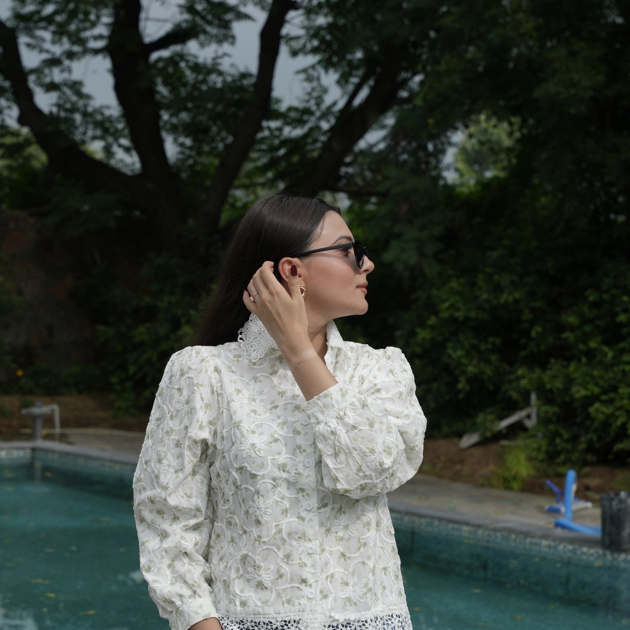Women's White Floral Embroidered Lace Shirt