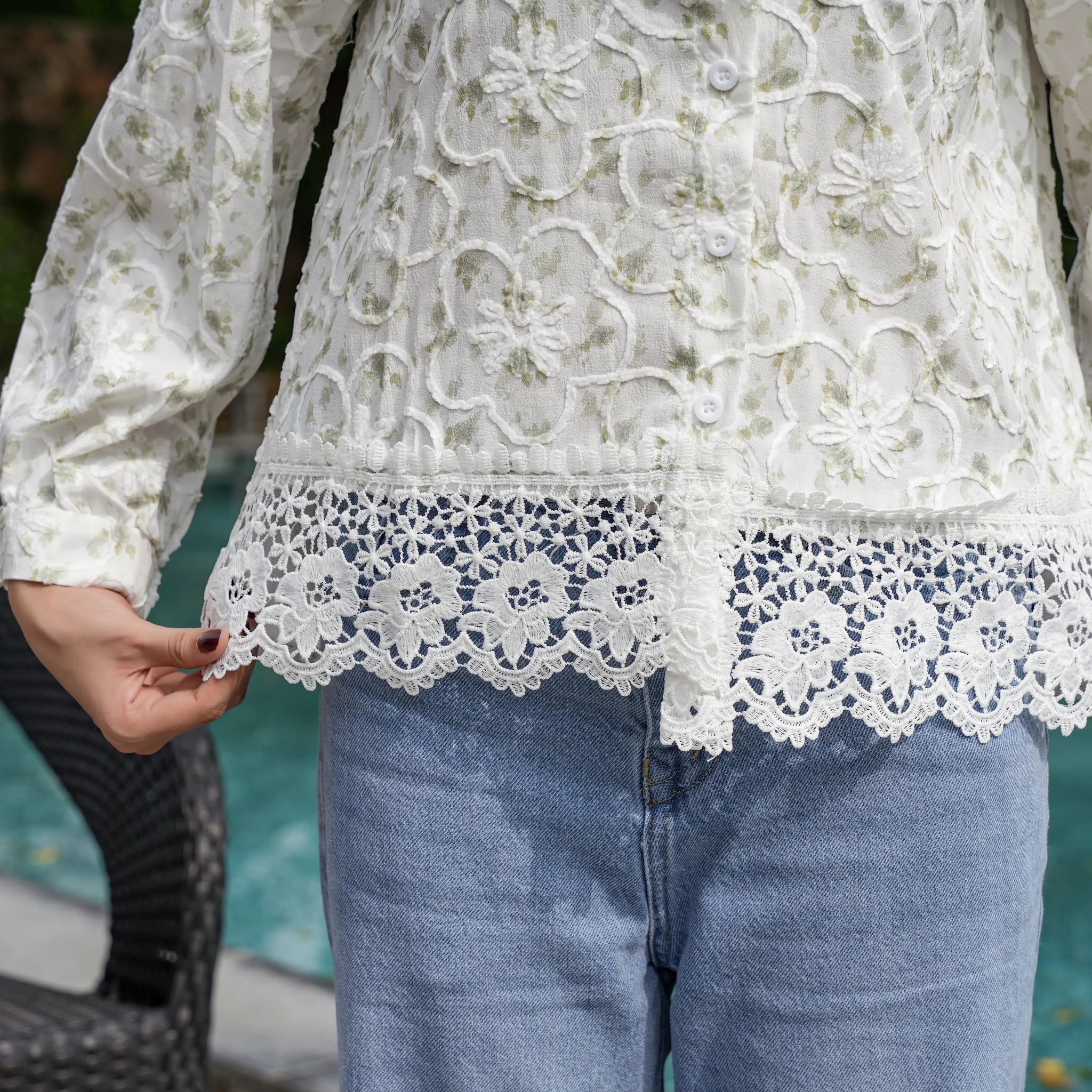 Women's White Floral Embroidered Lace Shirt