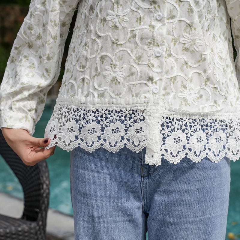 Women's White Floral Embroidered Lace Shirt
