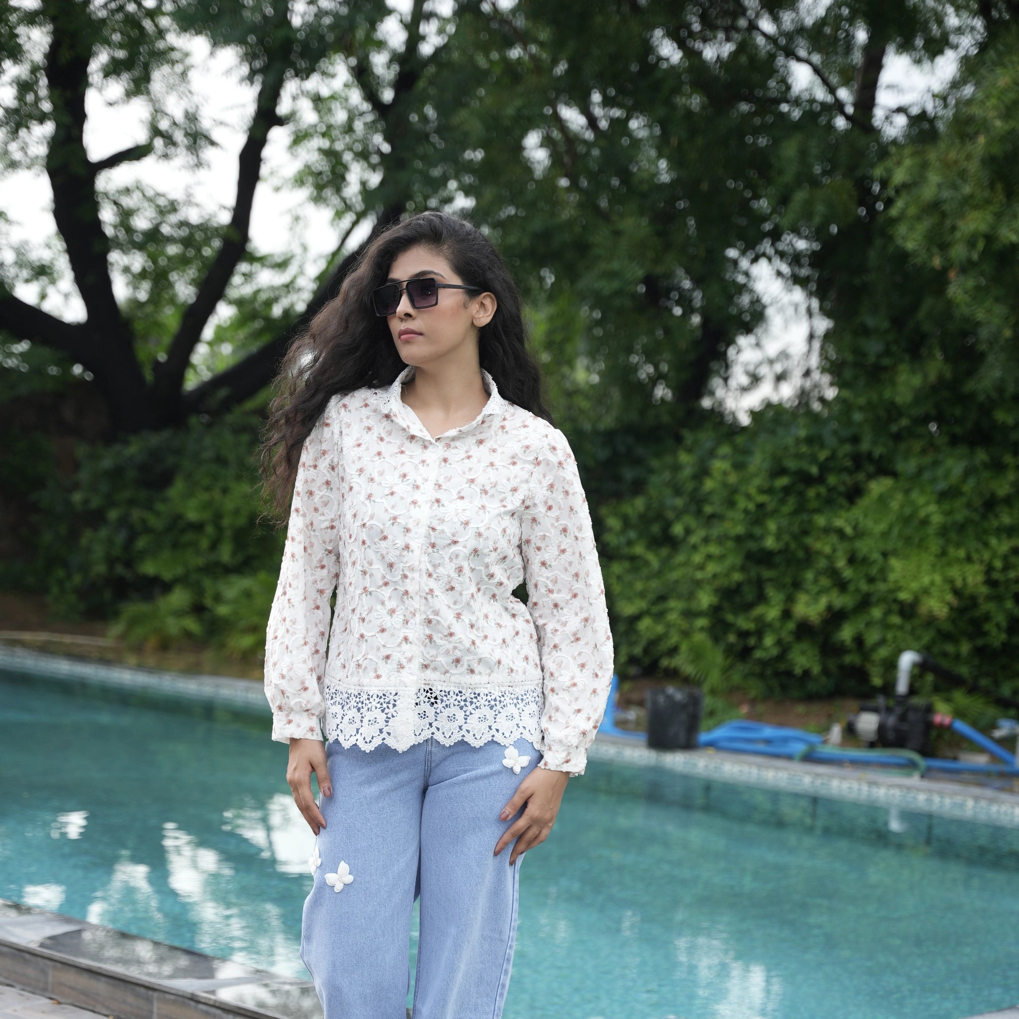 Women's White Floral Embroidered Lace Shirt