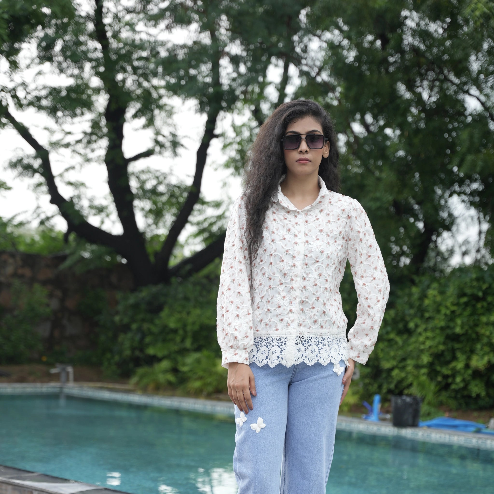 Women's White Floral Embroidered Lace Shirt