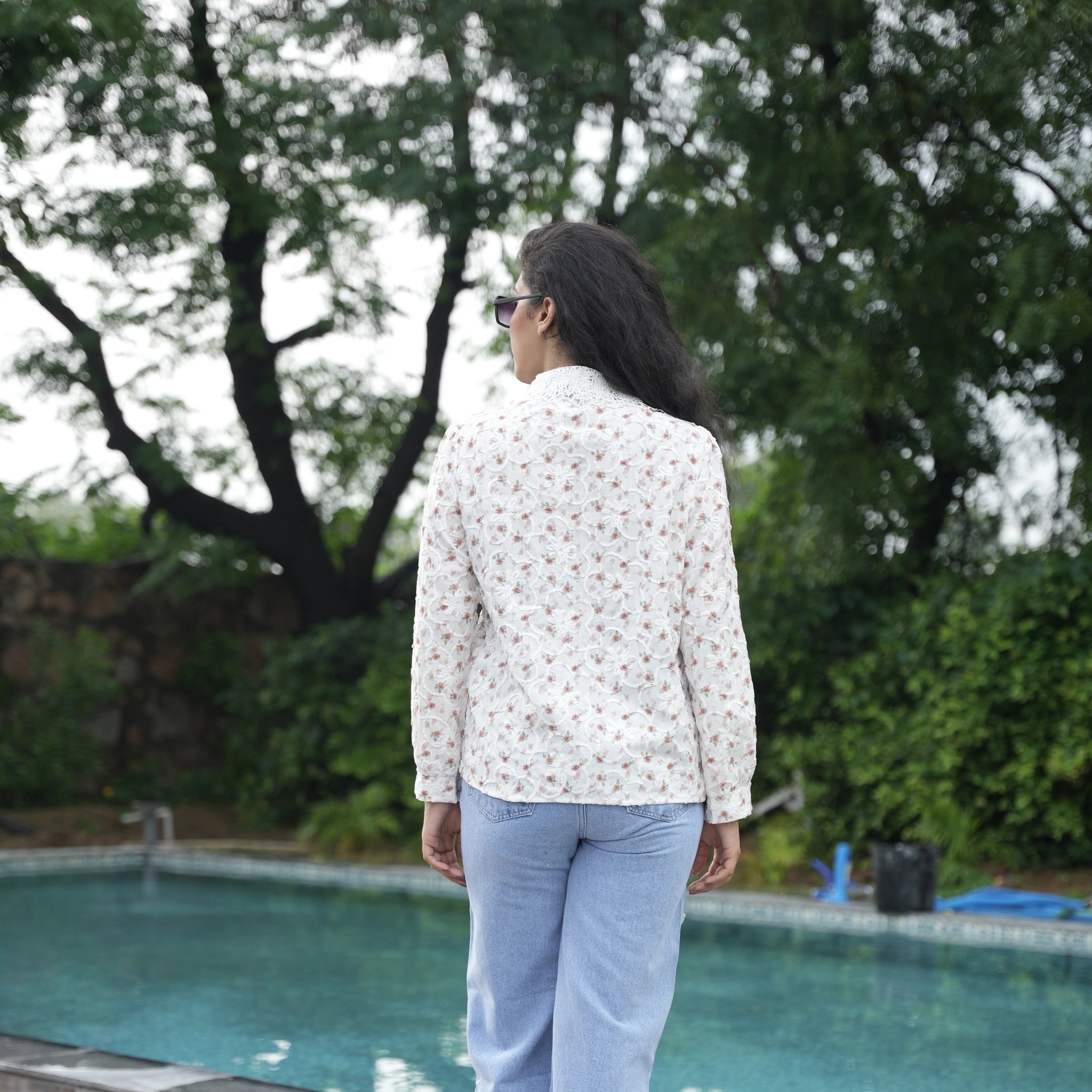 Women's White Floral Embroidered Lace Shirt