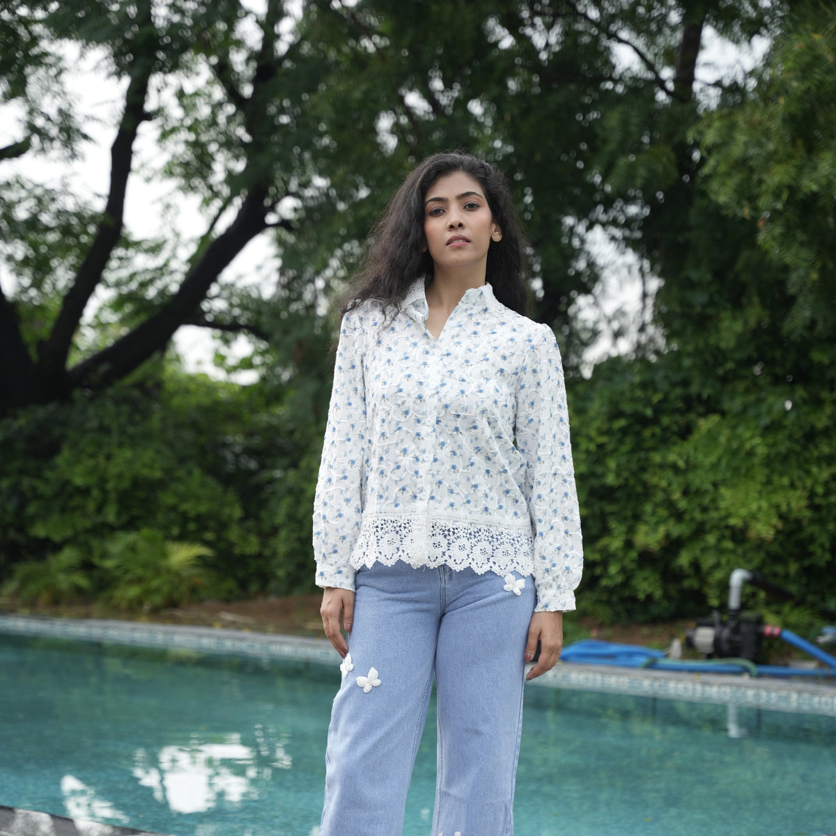 Women's White Floral Embroidered Lace Shirt - image 1