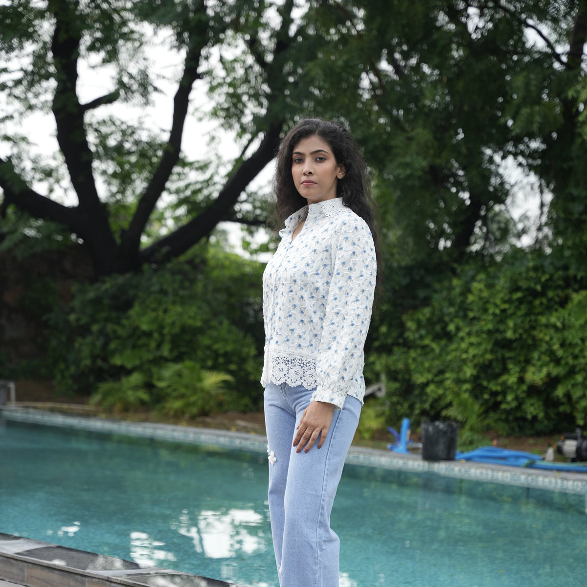 Women's White Floral Embroidered Lace Shirt