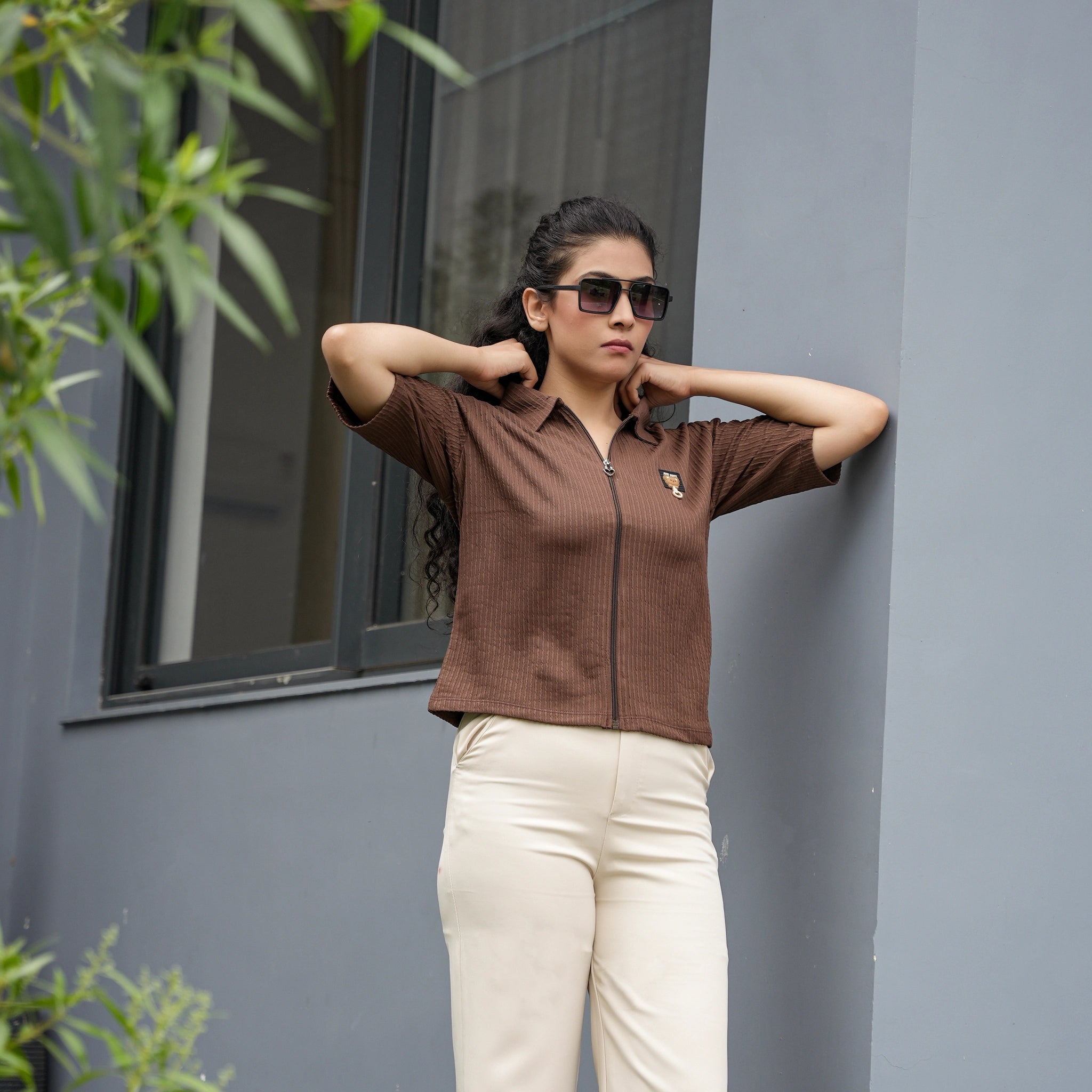 Women's Ribbed Zip-Up Polo T-Shirt