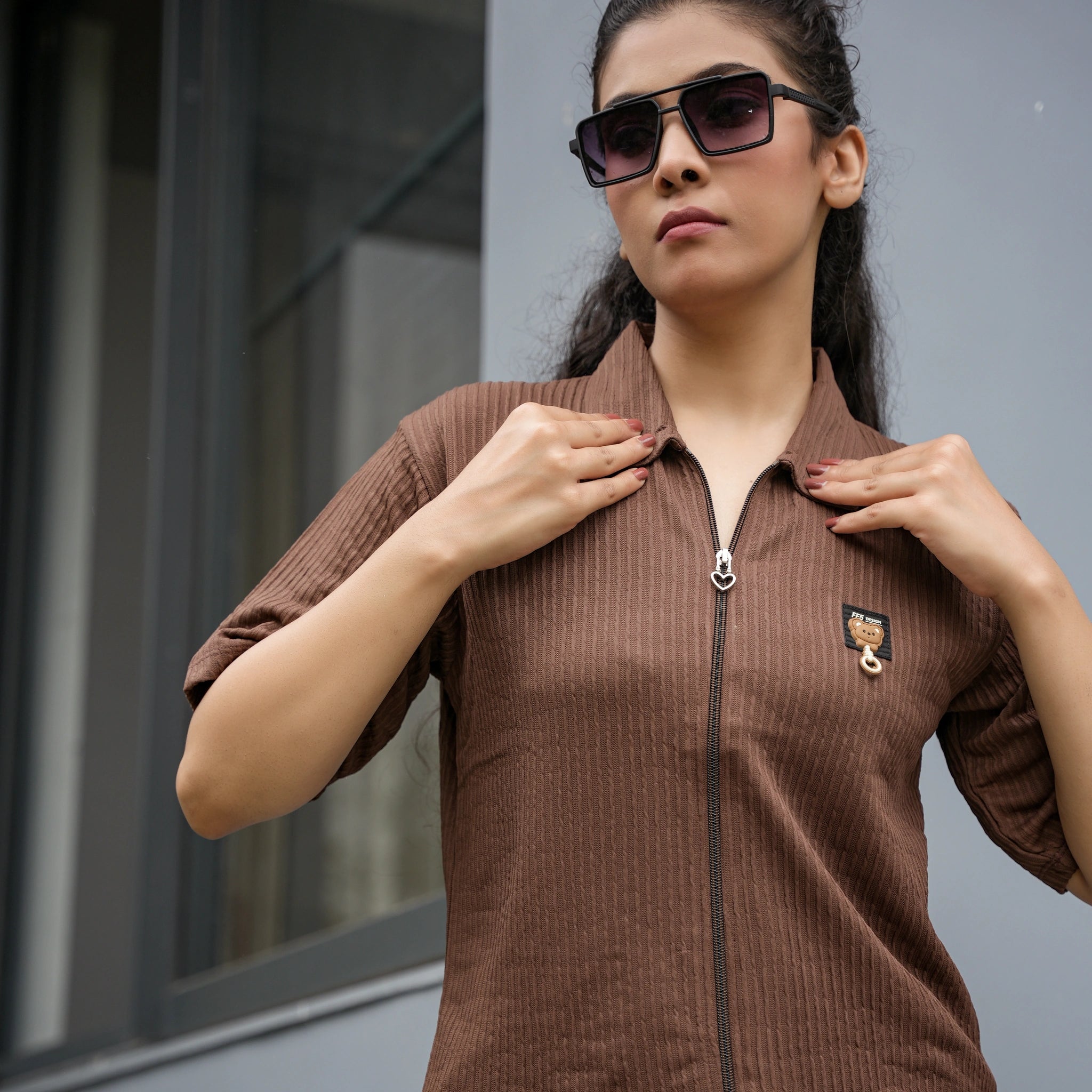 Women's Ribbed Zip-Up Polo T-Shirt