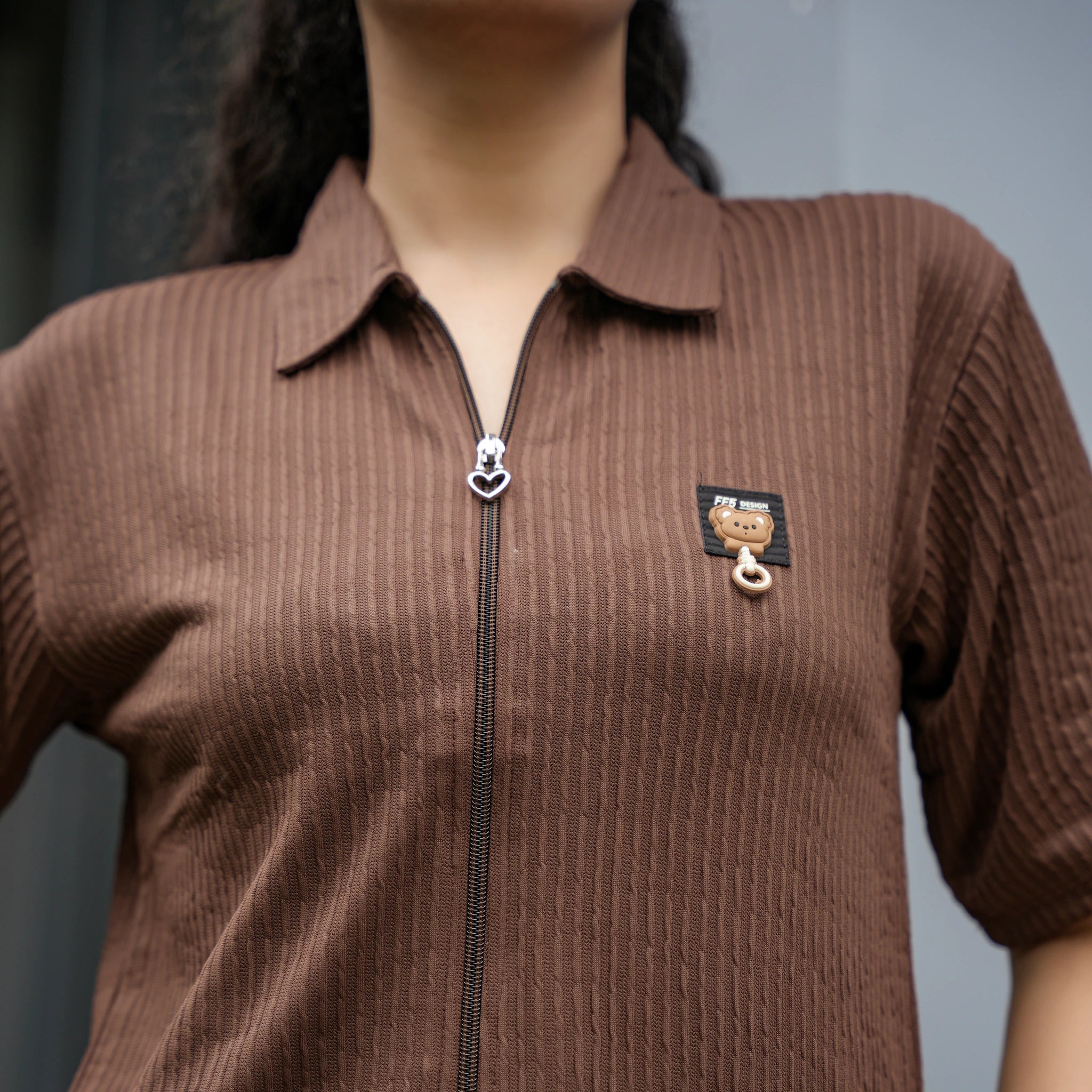 Women's Ribbed Zip-Up Polo T-Shirt