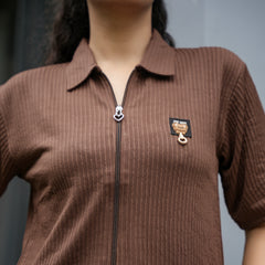Women's Ribbed Zip-Up Polo T-Shirt