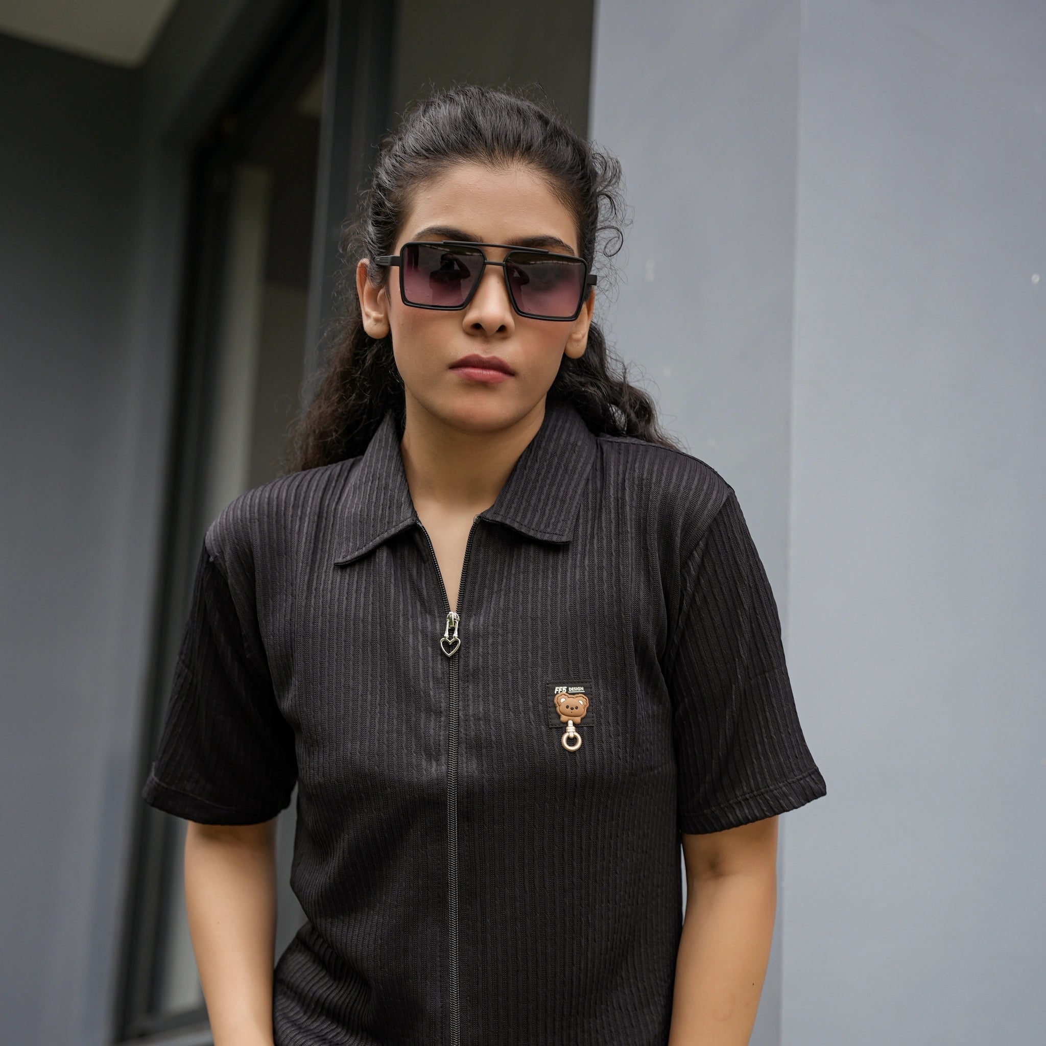 Women's Ribbed Zip-Up Polo T-Shirt