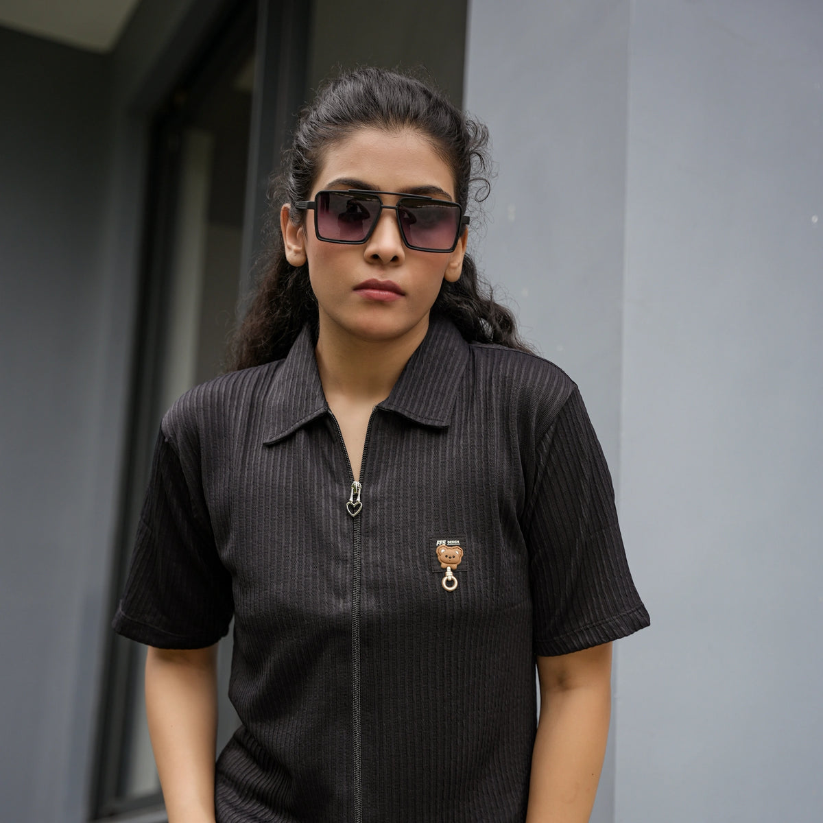 Women's Ribbed Zip-Up Polo T-Shirt - image 2