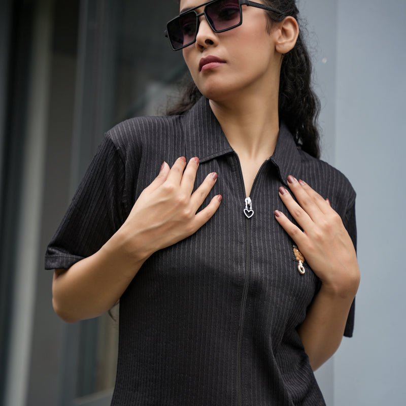 Women's Ribbed Zip-Up Polo T-Shirt