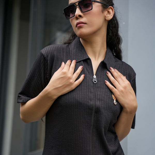 Women's Ribbed Zip-Up Polo T-Shirt