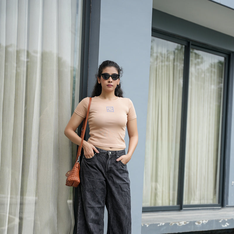 Women's Slim Fit Crop T-Shirt with Smiley Embroidery