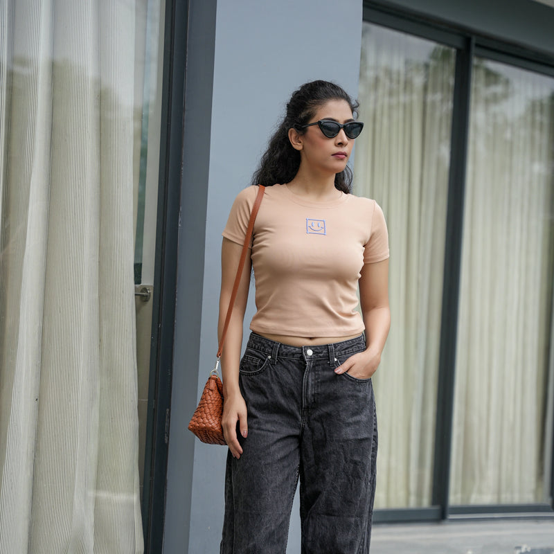 Women's Slim Fit Crop T-Shirt with Smiley Embroidery