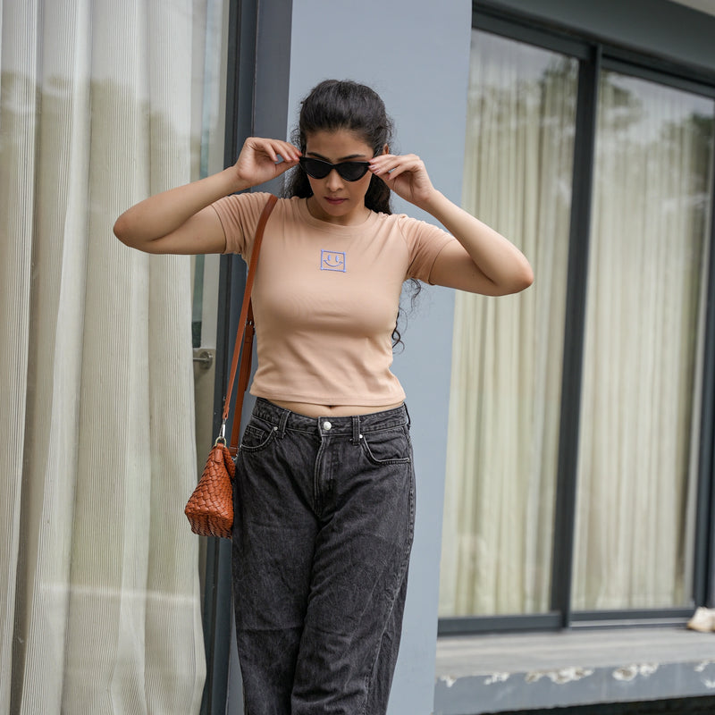 Women's Slim Fit Crop T-Shirt with Smiley Embroidery