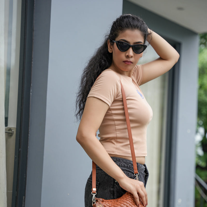 Women's Slim Fit Crop T-Shirt with Smiley Embroidery
