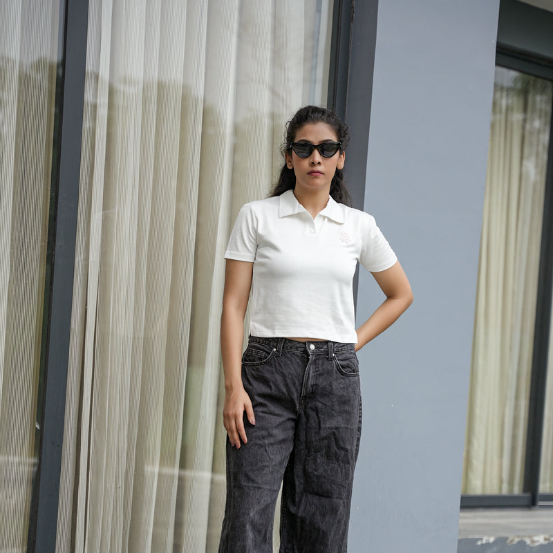 Women's Ribbed Polo Crop T-Shirt