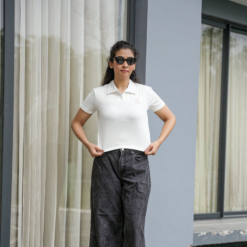 Women's Ribbed Polo Crop T-Shirt