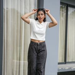 Women's Ribbed Polo Crop T-Shirt