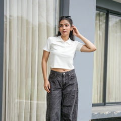 Women's Ribbed Polo Crop T-Shirt