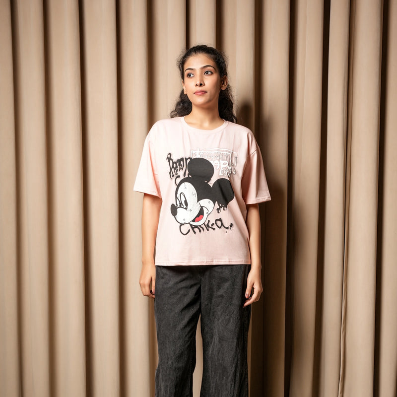 Women's Oversized T-Shirt – Winking Mickey Graphic Print