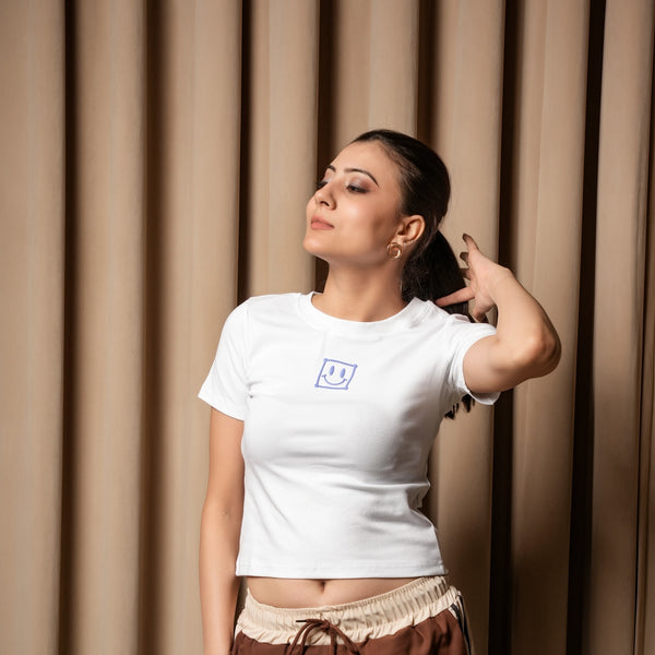 Women's Slim Fit Crop T-Shirt with Smiley Embroidery