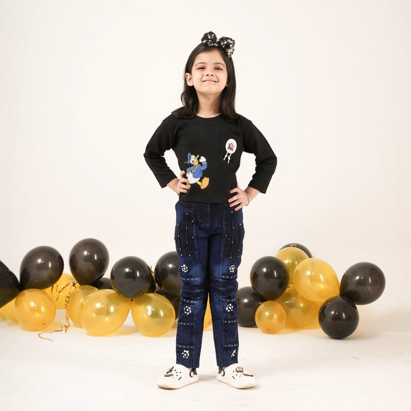 Girls Black Cartoon Print T-Shirt – Stylish Kids Casual Wear