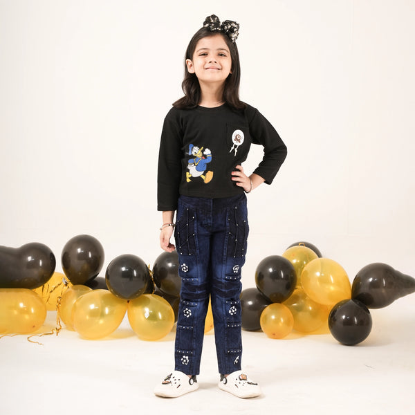 Girls Black Cartoon Print T-Shirt – Stylish Kids Casual Wear