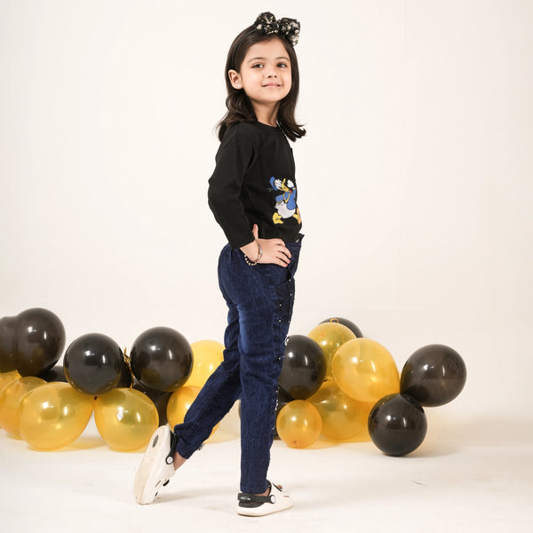 Girls Black Cartoon Print T-Shirt – Stylish Kids Casual Wear