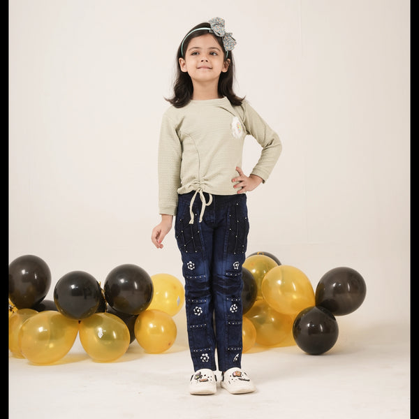 Girls Light Green Top with Floral Applique – Casual Stylish Kidswear