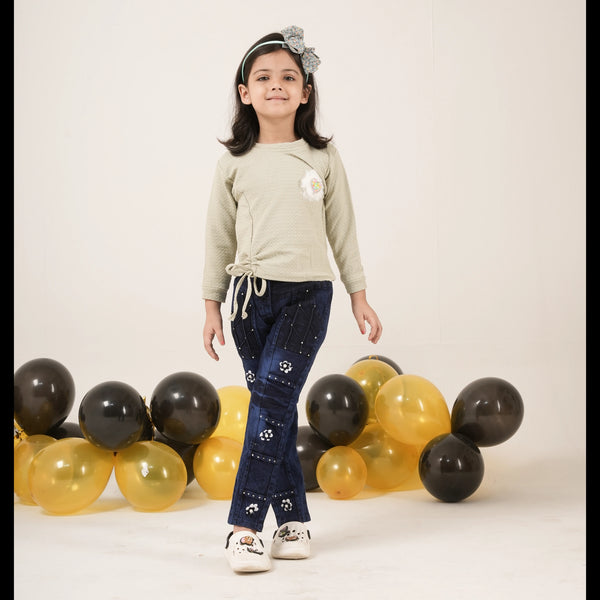 Girls Light Green Top with Floral Applique – Casual Stylish Kidswear