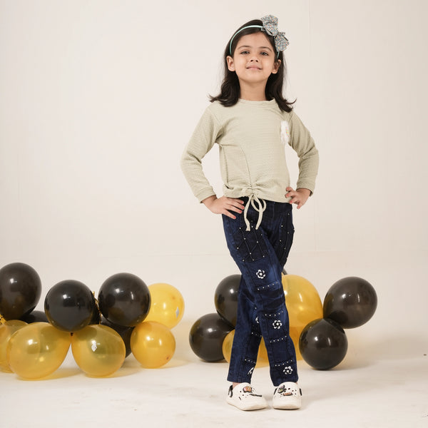 Girls Light Green Top with Floral Applique – Casual Stylish Kidswear