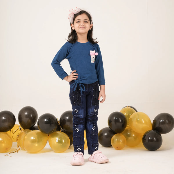 Girls Blue Full Sleeve T-Shirt with Cute Applique – Stylish Kids Casual Wear