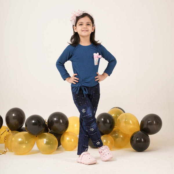 Girls Blue Full Sleeve T-Shirt with Cute Applique – Stylish Kids Casual Wear