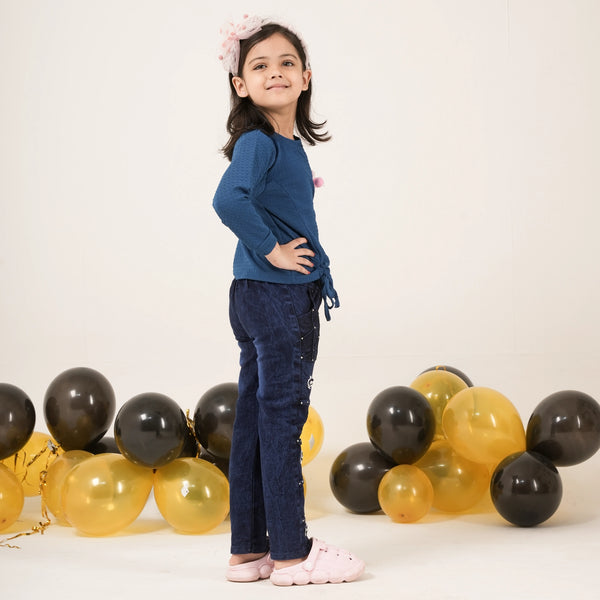 Girls Blue Full Sleeve T-Shirt with Cute Applique – Stylish Kids Casual Wear